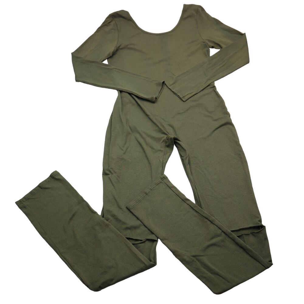 Many Many Jumpsuit Womens L Green Scoop Neck Long Sleeve Distressed Knee Outfit